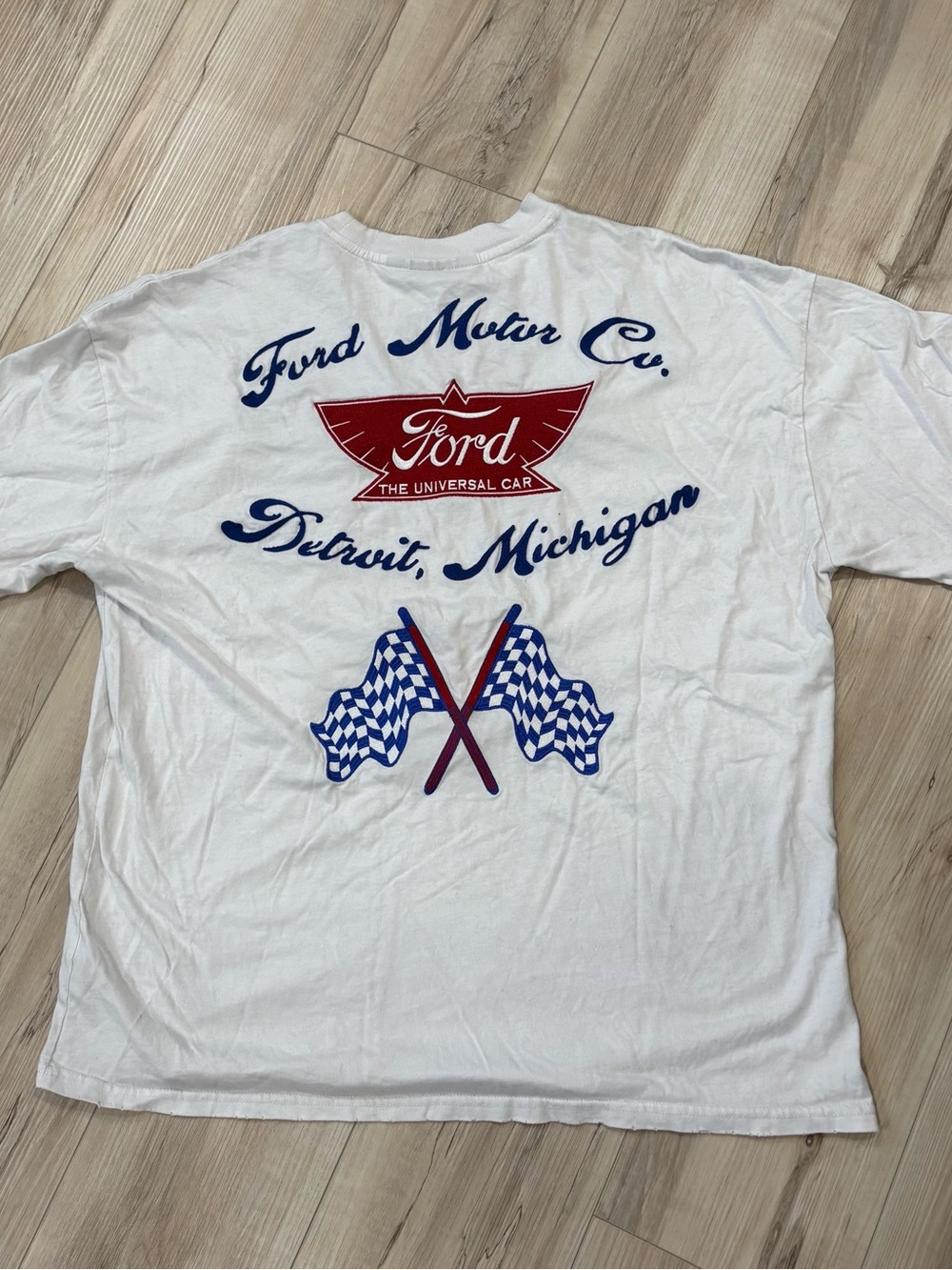 Ford Heavy Embroidery Short-Sleeve Graphic Tee with Blue & Red Print